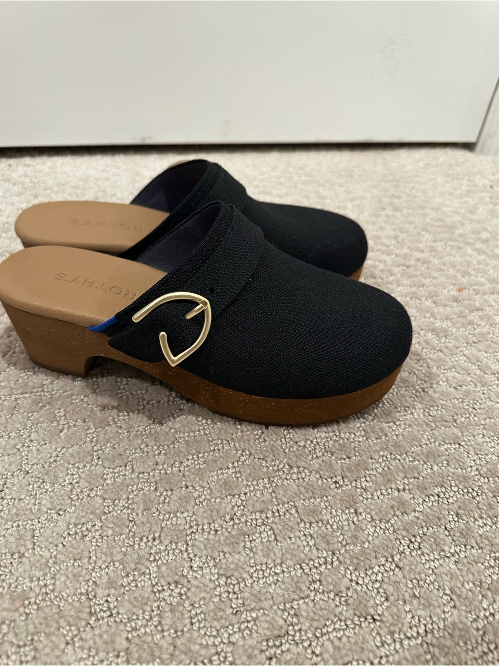 Rothy's The Clog Black Knit Gold Buckle Size 8 Platform Mule Washable